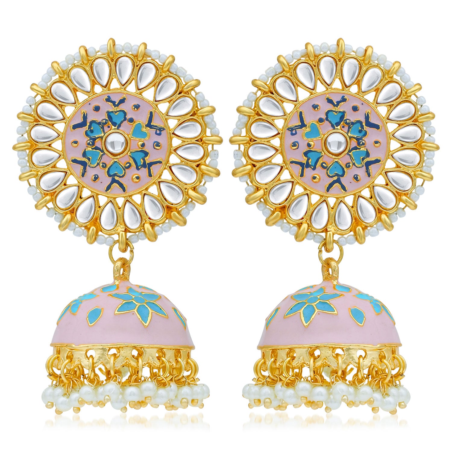 Sukkhi Dazzling Pearl Gold Plated Kundan Floral Meenakari Jhumki Earring for Women