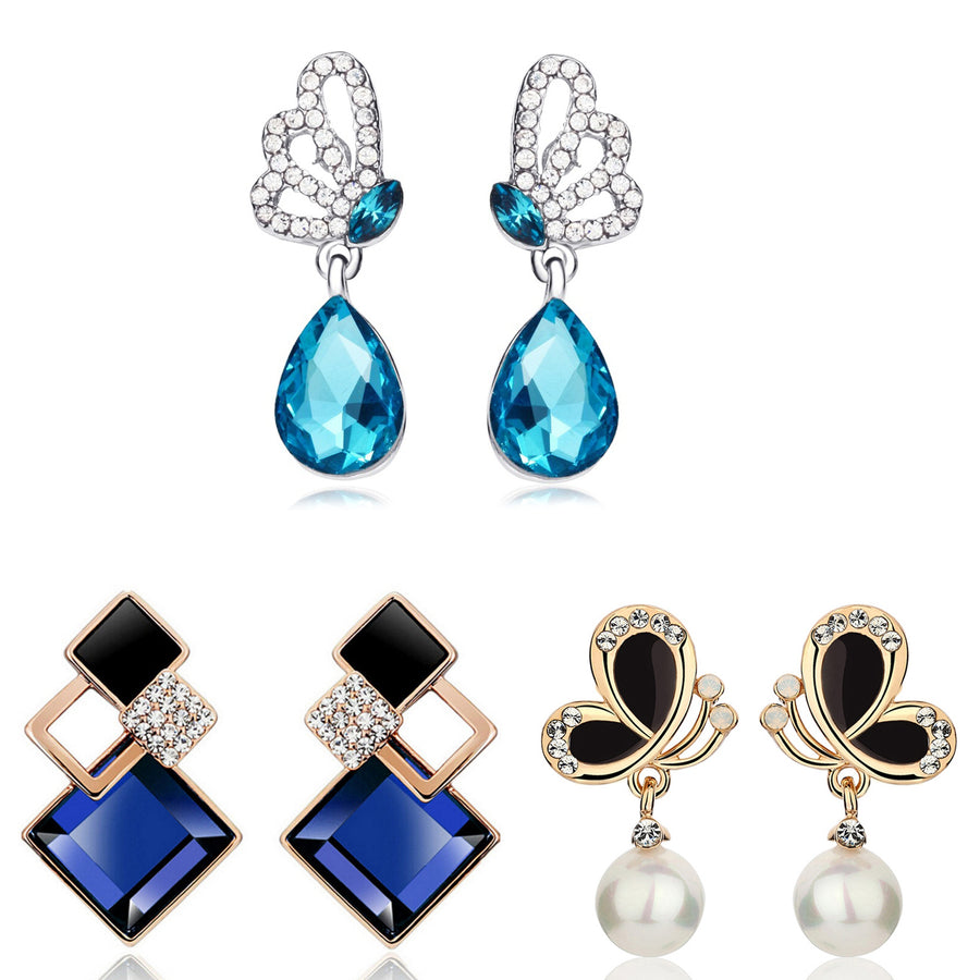 Scintillare by Sukkhi Amazing Gold and Rhodium Plated Crystals from Swarovski Dangle Pair of 3 Earring Combo For Women