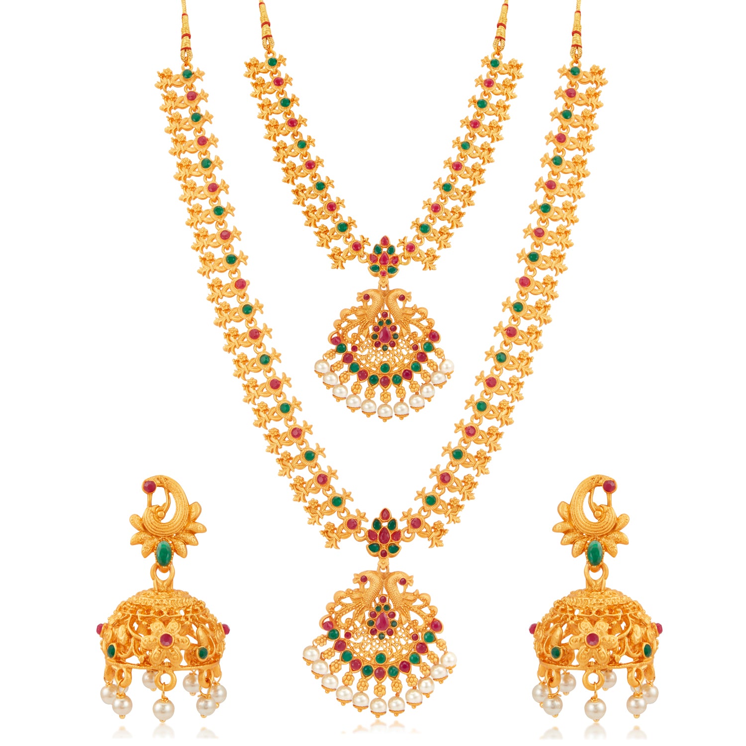 Sukkhi Ethnic Pearl Gold Plated Floral Peacock Long Haram Necklace Set for Women