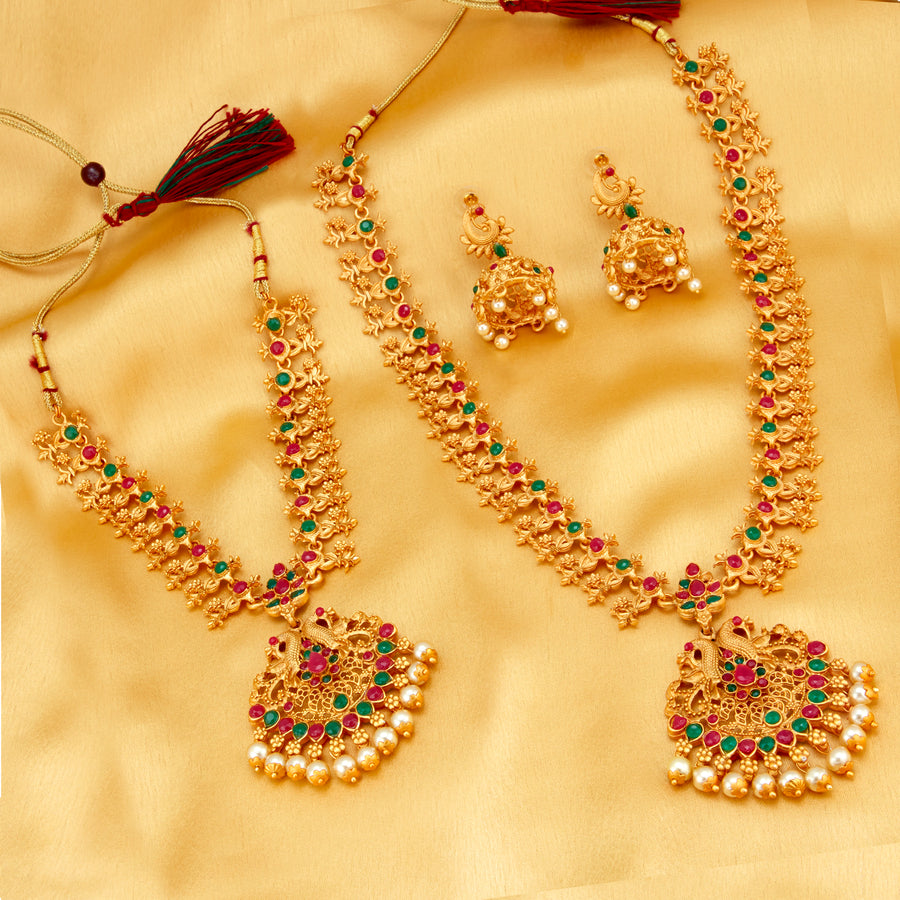Sukkhi Ethnic Pearl Gold Plated Floral Peacock Long Haram Necklace Set for Women