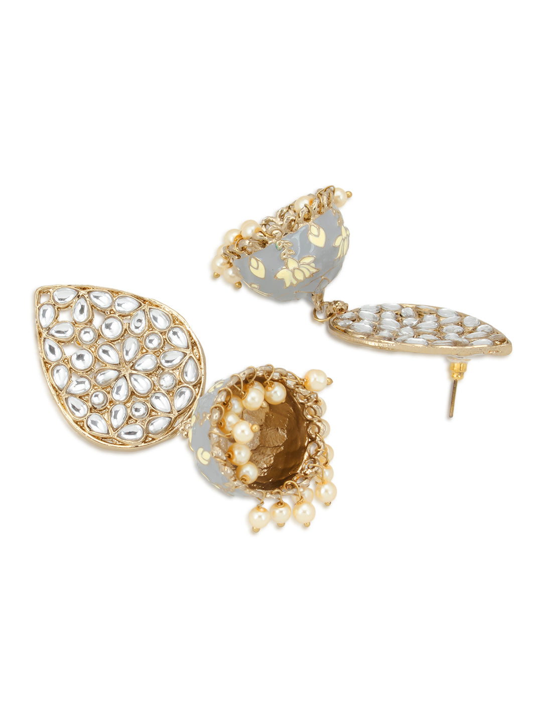 Sukkhi Gleaming Pearl Gold Plated Kundan Lotus Meenakari Jhumki Earring for Women