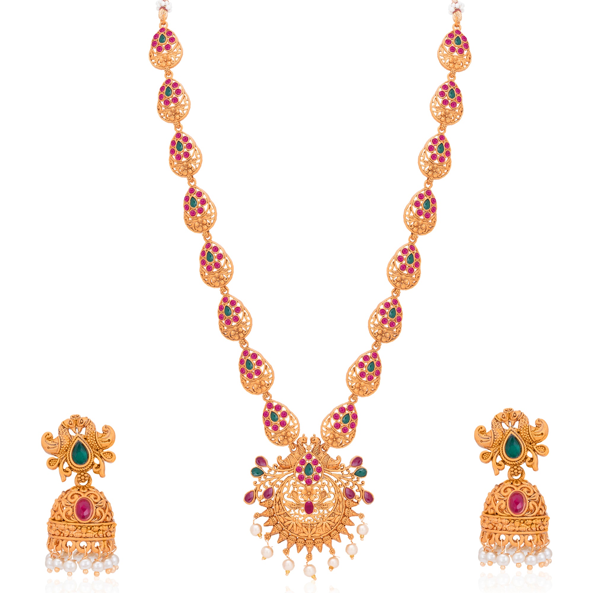 Sukkhi Glorious Pearl Gold Plated Temple Jewellery Long Haram Necklace Set for Women