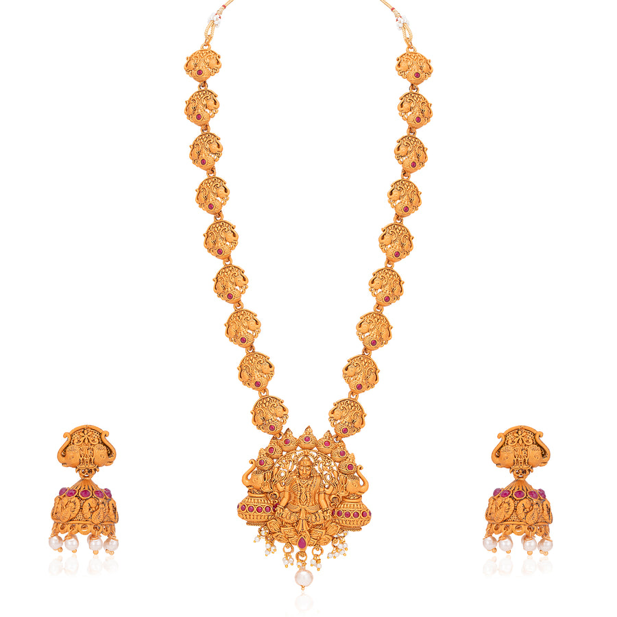 Sukkhi Splendid Pearl Gold Plated Goddess Temple Jewellery Long Haram Necklace Set for Women