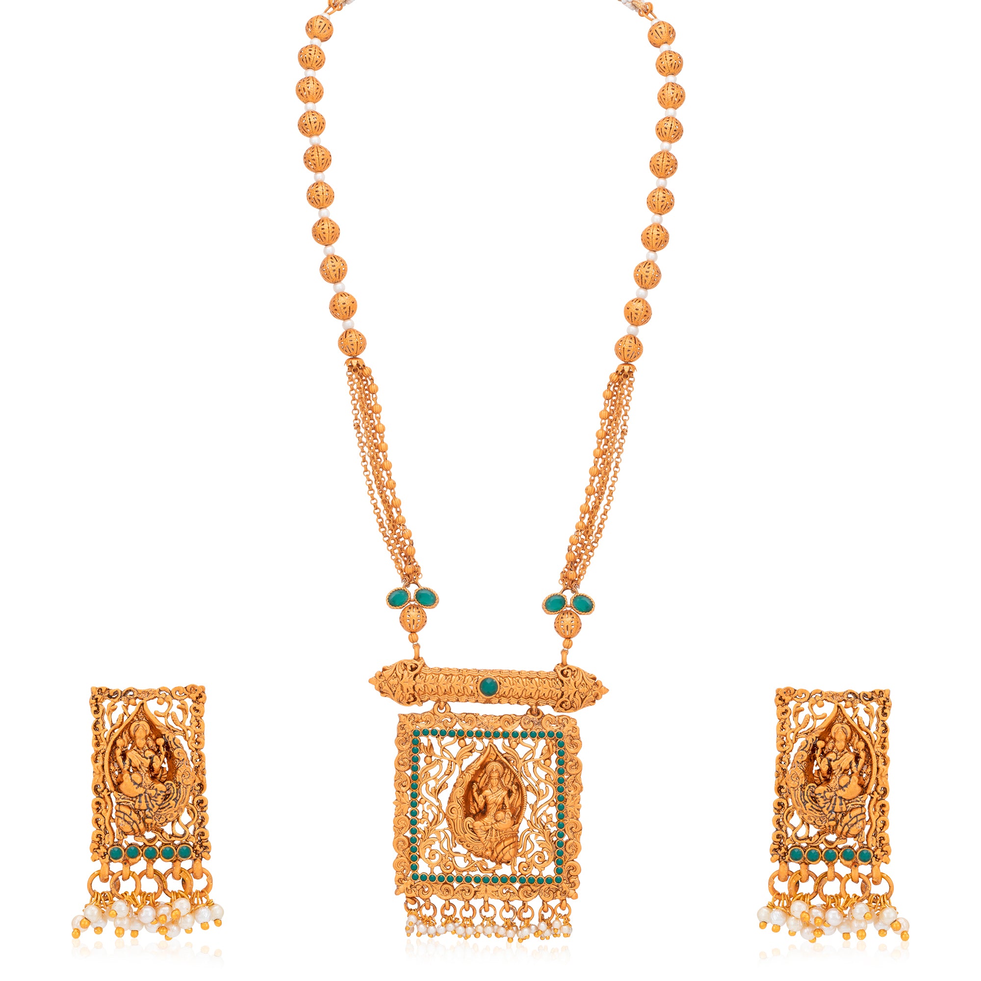 Sukkhi Glimmery Pearl Gold Plated Goddess Temple Jewellery Long