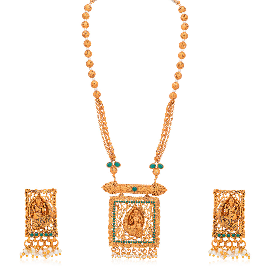 Sukkhi Glimmery Pearl Gold Plated Goddess Temple Jewellery Long Haram Necklace Set for Women