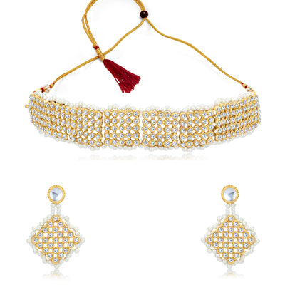 Sukkhi Glamorous Gold Plated Pearl Choker Necklace Set for Women