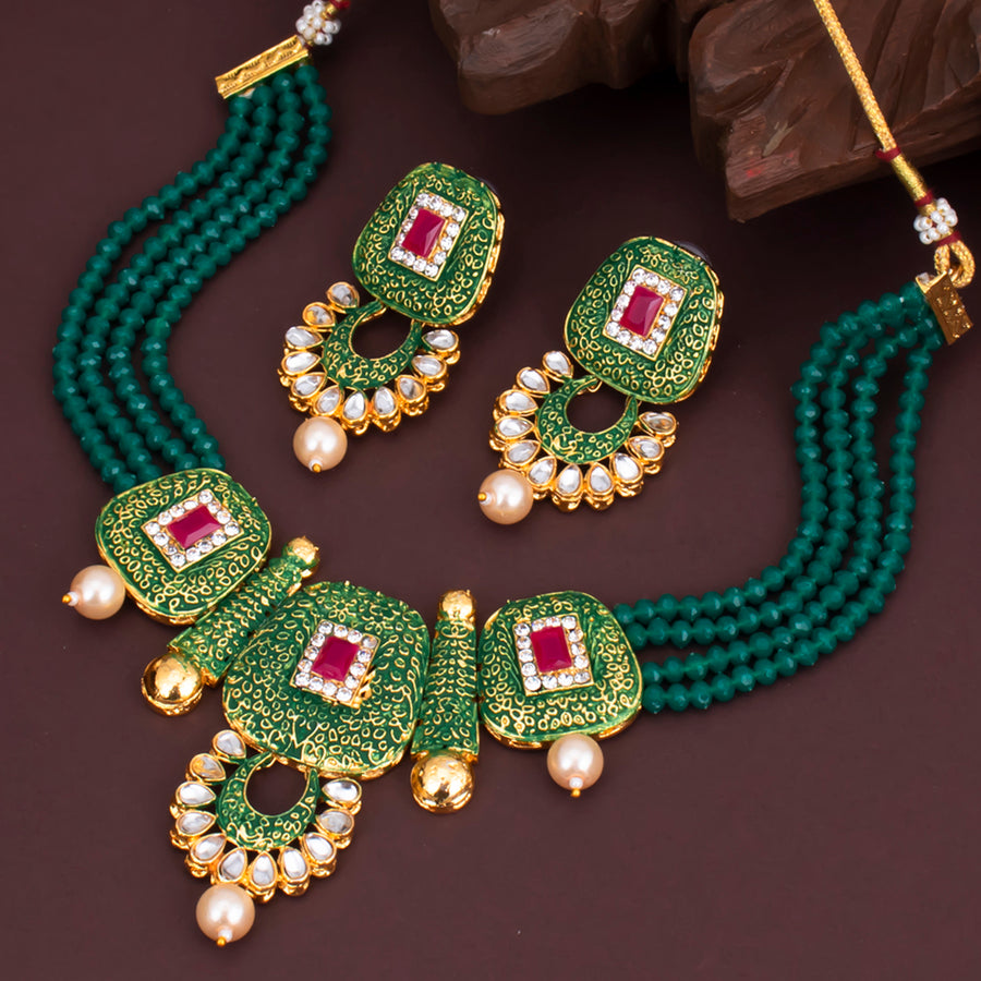 Sukkhi Glistening Kundan Gold Plated Mint Collection Necklace Set for Women