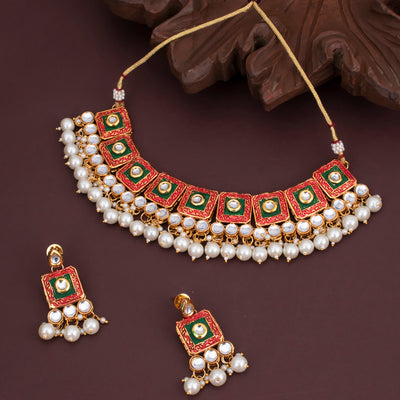 Sukkhi Delightful Kundan Gold Plated Meenakari Necklace Set for Women