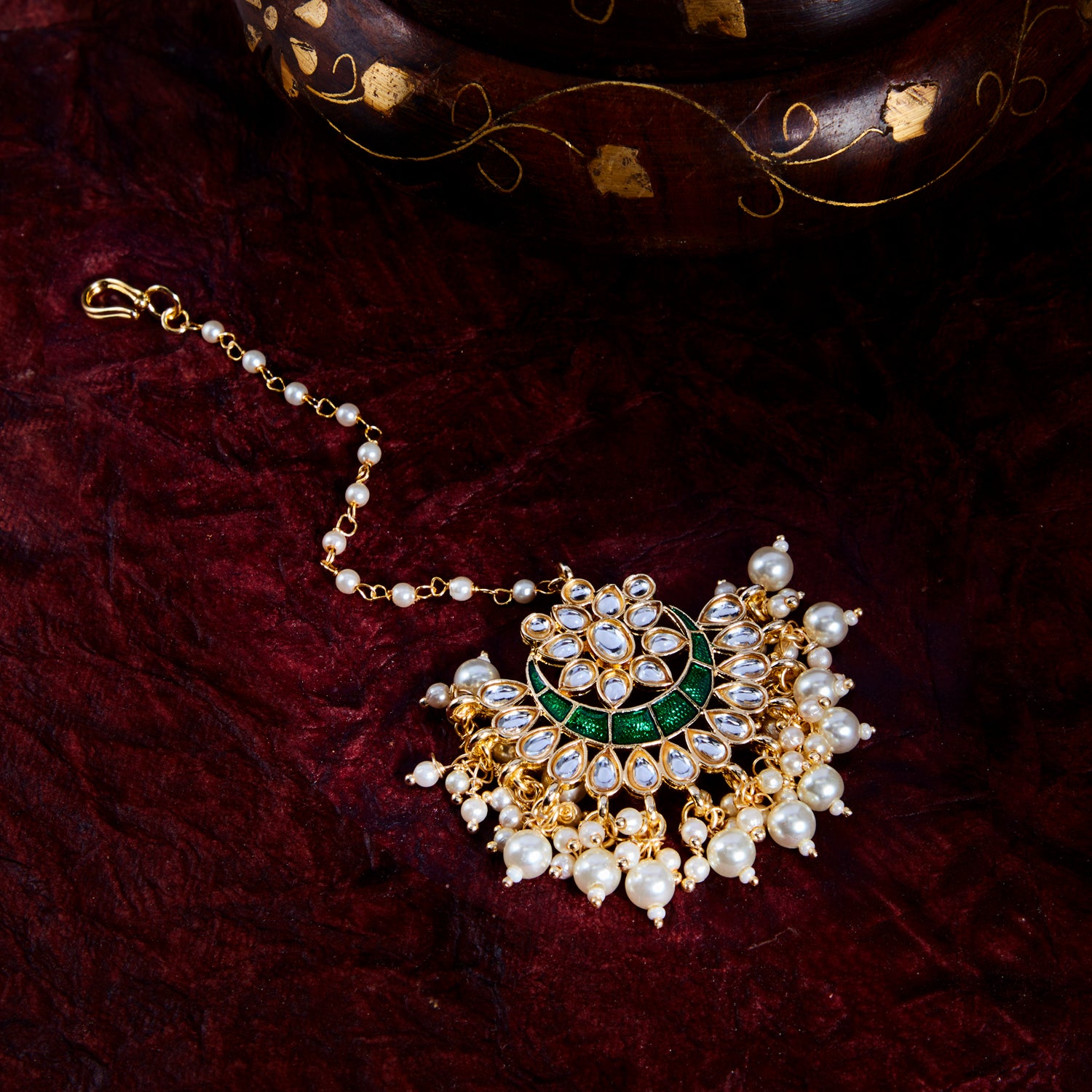 Sukkhi Gorgeous Kundan Gold Plated Meenakari Pearl Maangtikka Worn By Karisma Kapoor