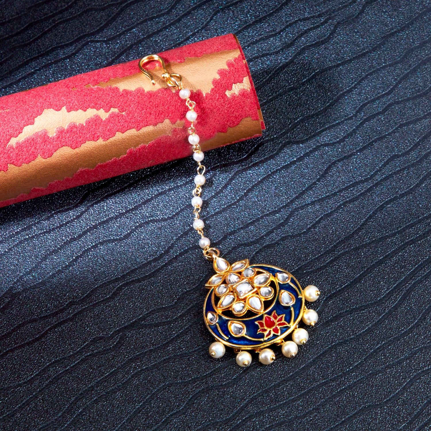 Sukkhi Marvellous Kundan Gold Plated Meenakari Pearl Maangtikka Worn By Karisma Kapoor