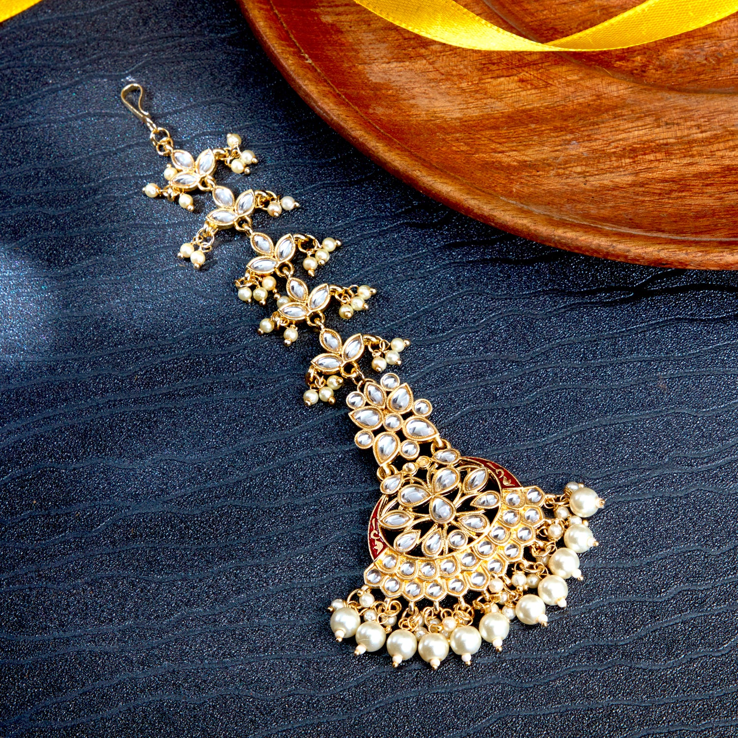 Sukkhi Pleasing Kundan Gold Plated Meenakari Pearl Maangtikka Worn By Karisma Kapoor