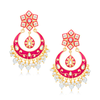 Sukkhi Astonish Pearl Gold Plated Meenakari Chandelier Earring Set for Women (SKR85516)