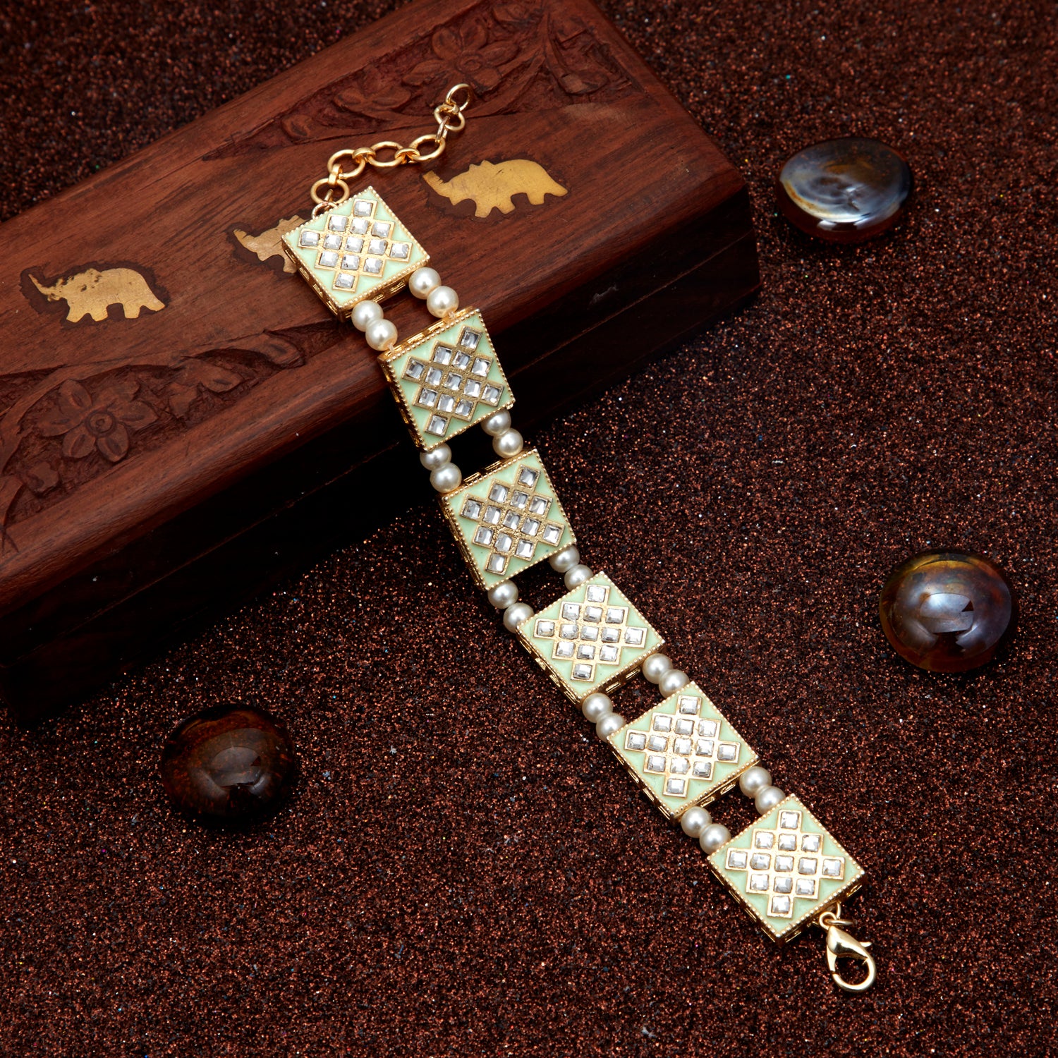 Sukkhi Incredible Pearl Gold Plated Meenakari Bracelet Worn By Karisma Kapoor