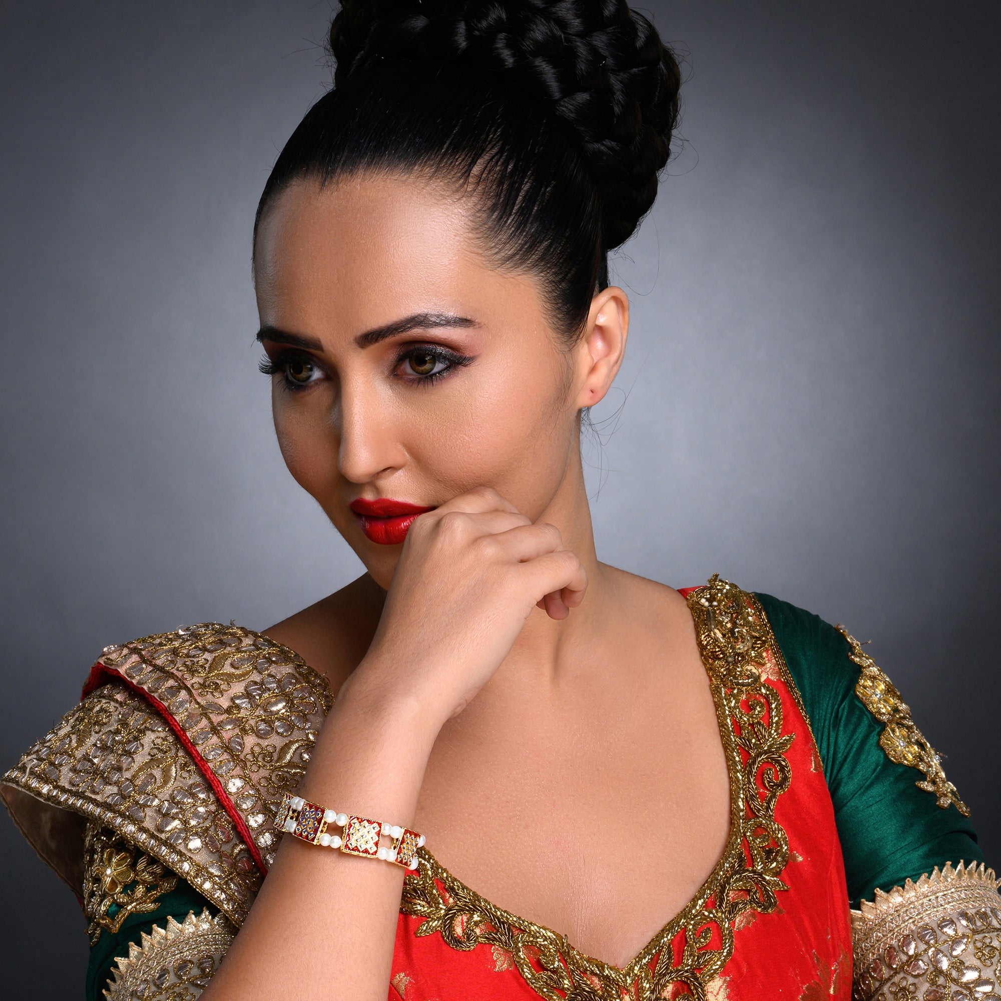 Sukkhi Modish Pearl Gold Plated Meenakari Bracelet Worn By Karisma Kapoor