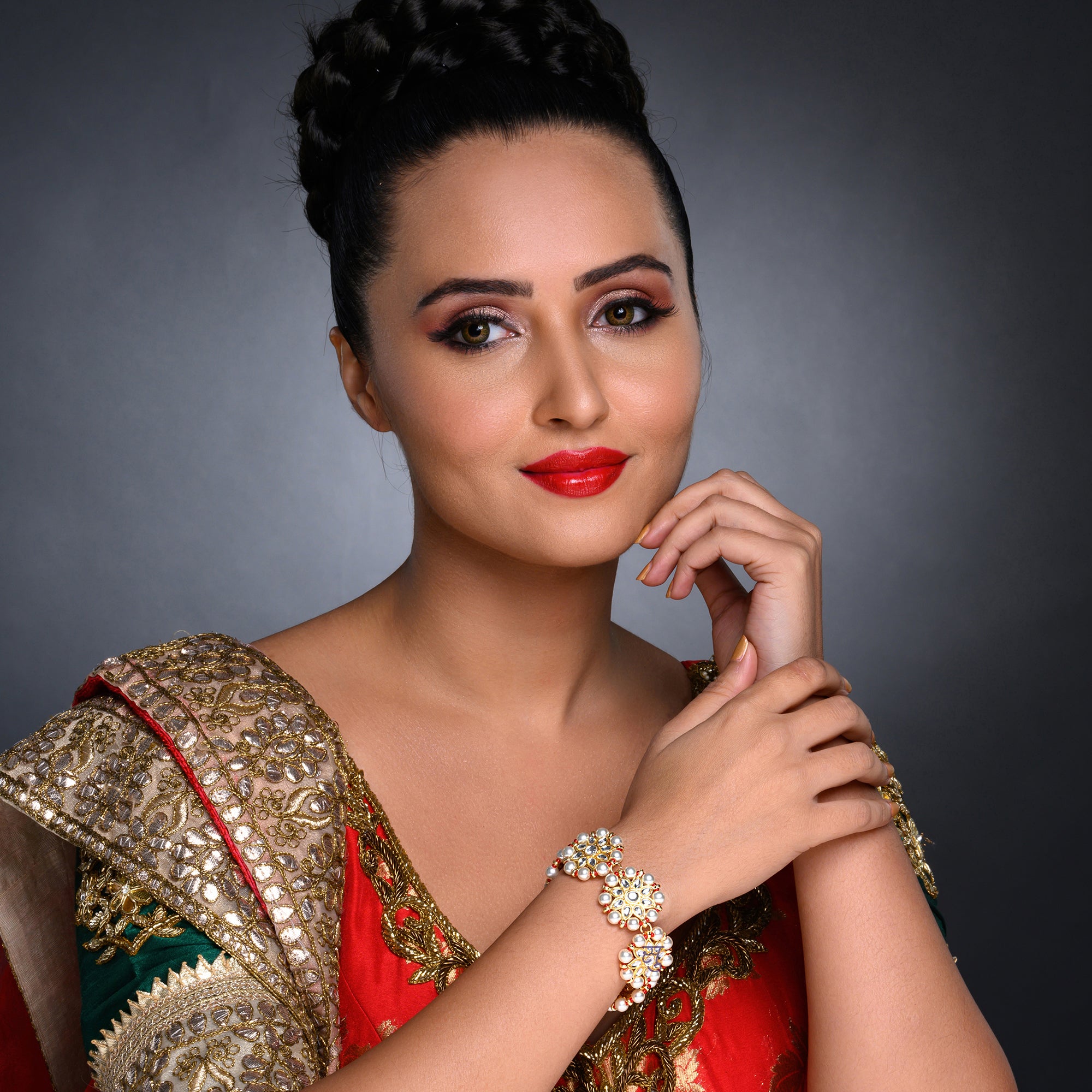 Sukkhi Stunning Pearl Gold Plated Kundan Bracelet Worn By Karisma Kapoor