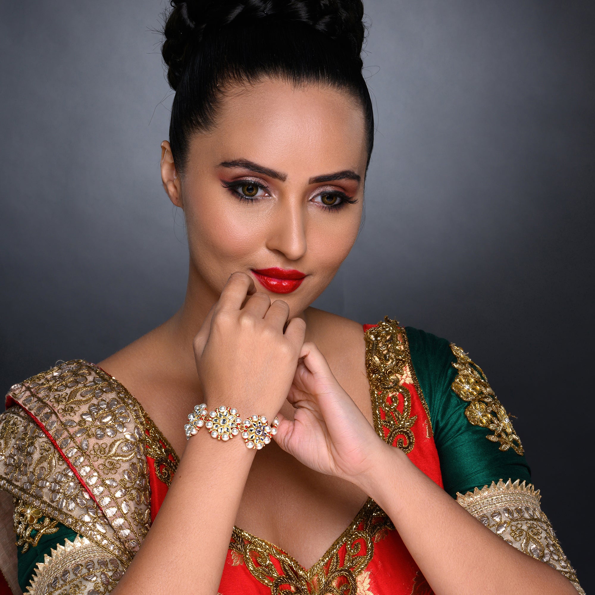 Sukkhi Stunning Pearl Gold Plated Kundan Bracelet Worn By Karisma Kapoor