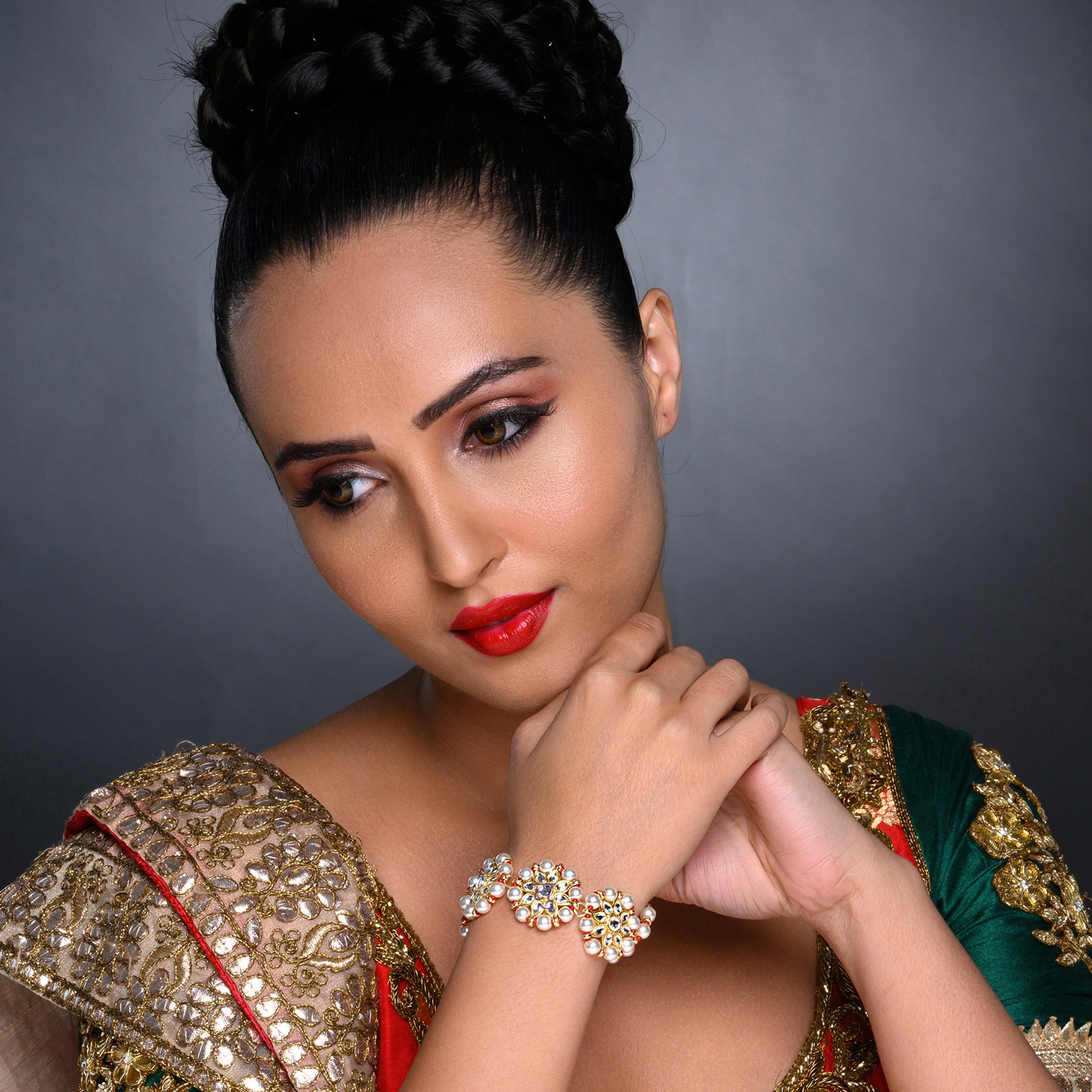 Sukkhi Stunning Pearl Gold Plated Kundan Bracelet Worn By Karisma Kapoor