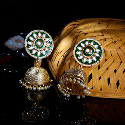 Sukkhi Marvellous Kundan Gold Plated Meenakari Pearl Jhumki Earring Set Worn By Karisma Kapoor