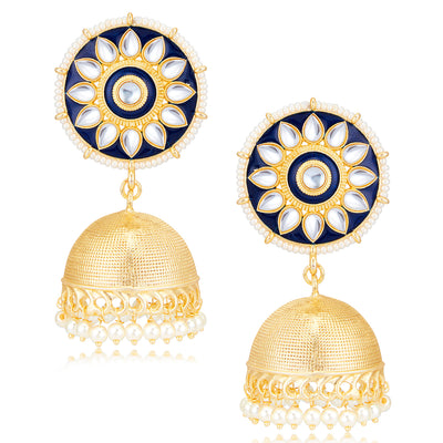 Sukkhi Pleasing Kundan Gold Plated Meenakari Pearl Jhumki Earring Set Worn By Karisma Kapoor