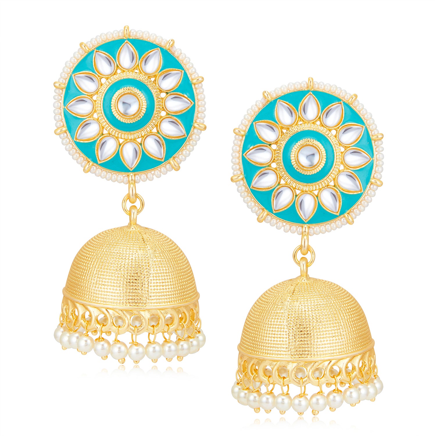Sukkhi Resplendent Kundan Gold Plated Meenakari Pearl Jhumki Earring Set Worn By Karisma Kapoor