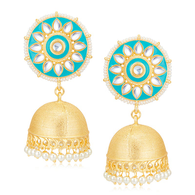 Sukkhi Resplendent Kundan Gold Plated Meenakari Pearl Jhumki Earring Set Worn By Karisma Kapoor