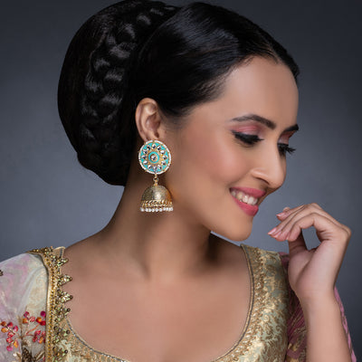 Sukkhi Resplendent Kundan Gold Plated Meenakari Pearl Jhumki Earring Set Worn By Karisma Kapoor