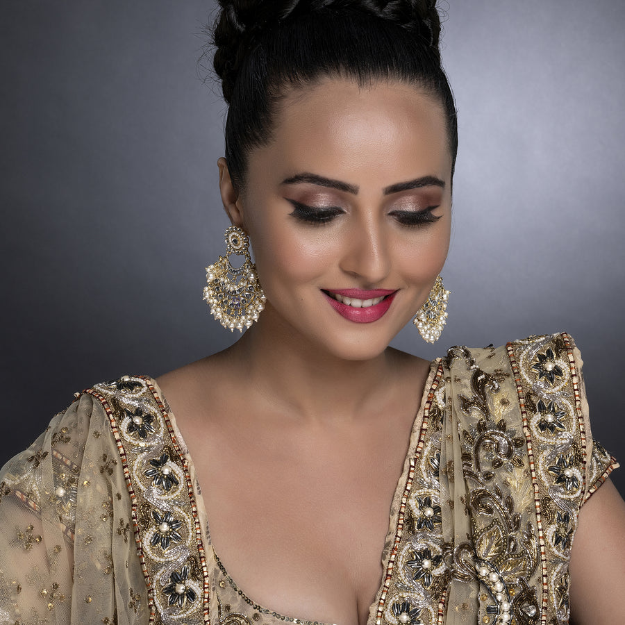 Sukkhi Ravishing Kundan Gold Plated Pearl Chandelier Earring Set Worn By Karisma Kapoor
