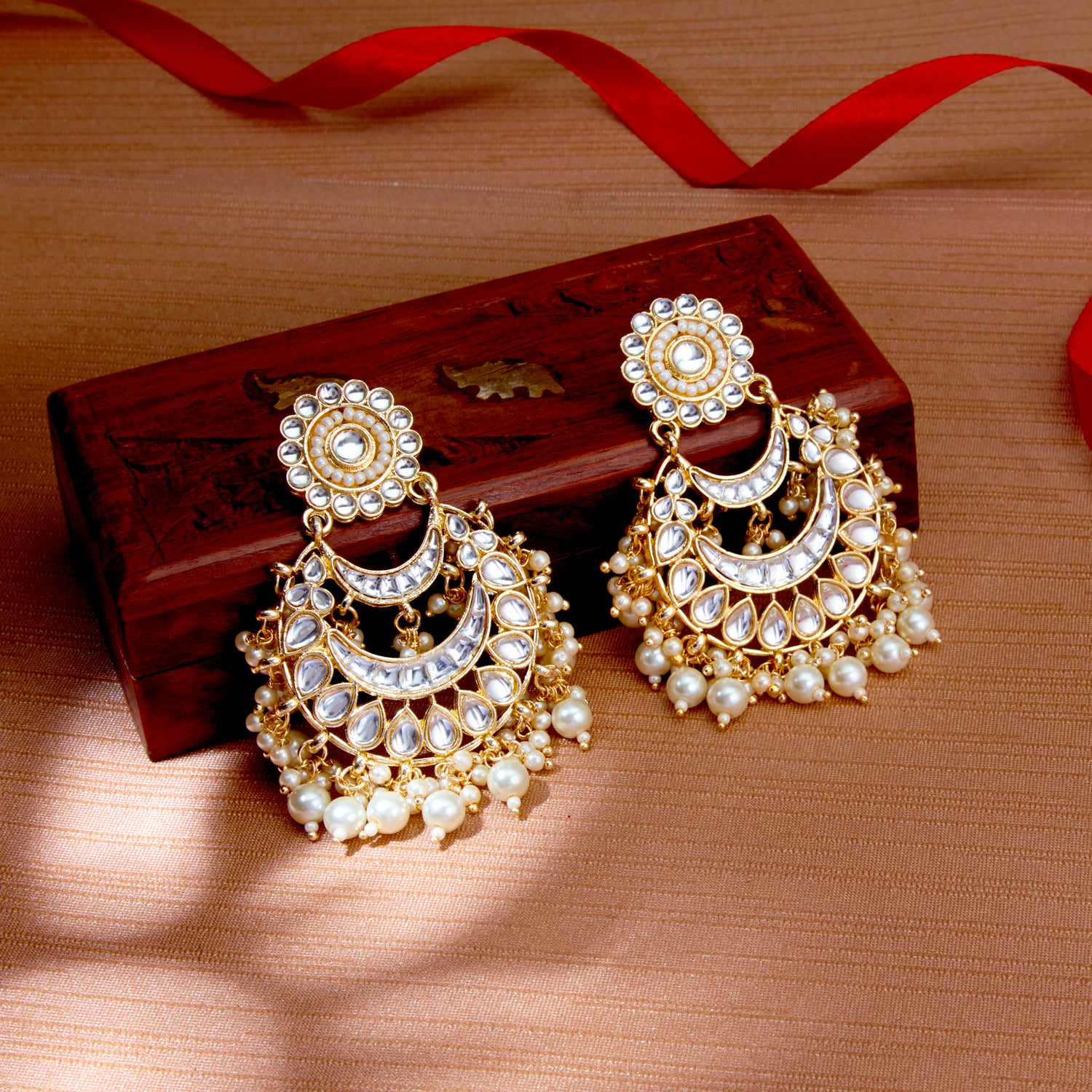 Sukkhi Ravishing Kundan Gold Plated Pearl Chandelier Earring Set Worn By Karisma Kapoor