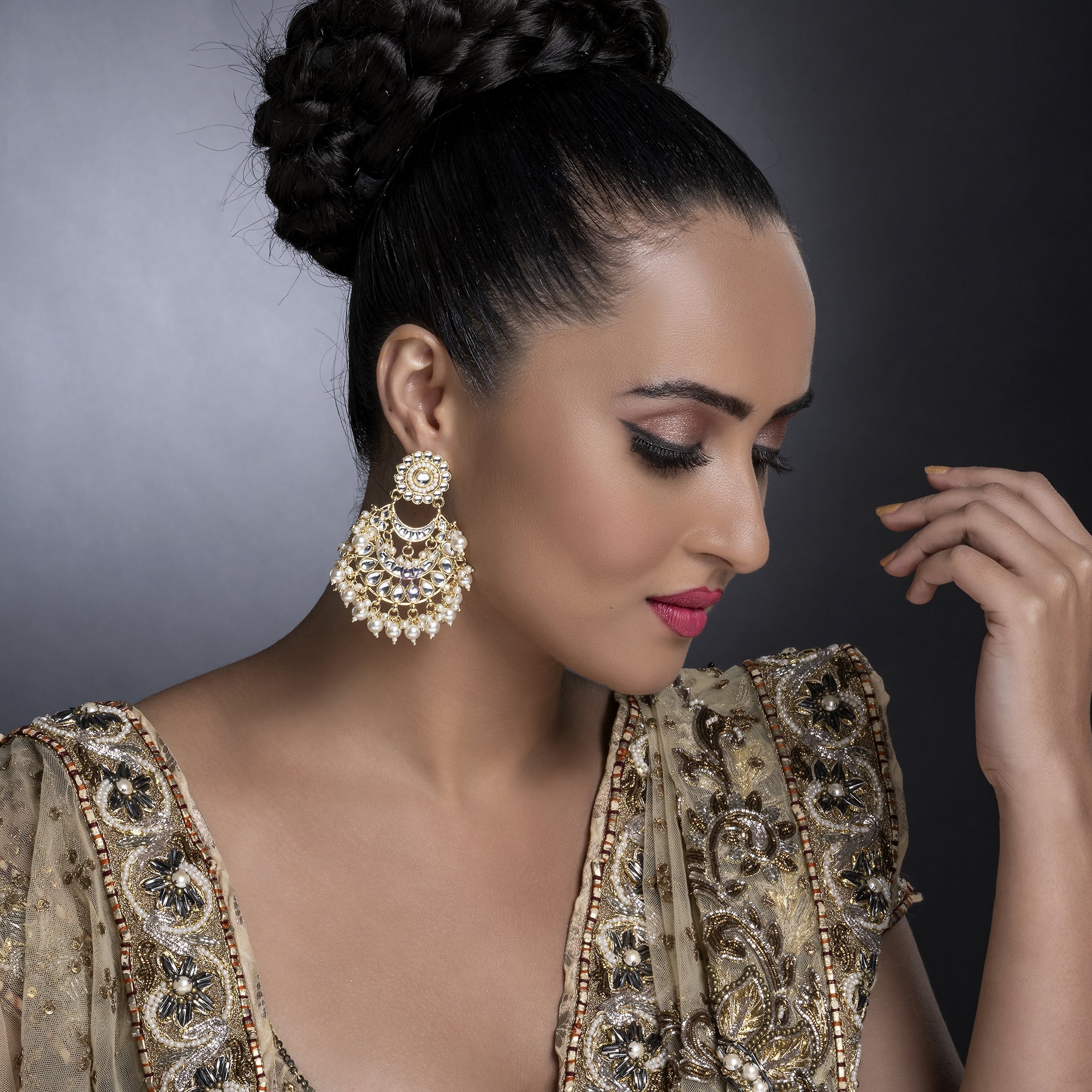 Sukkhi Ravishing Kundan Gold Plated Pearl Chandelier Earring Set Worn By Karisma Kapoor