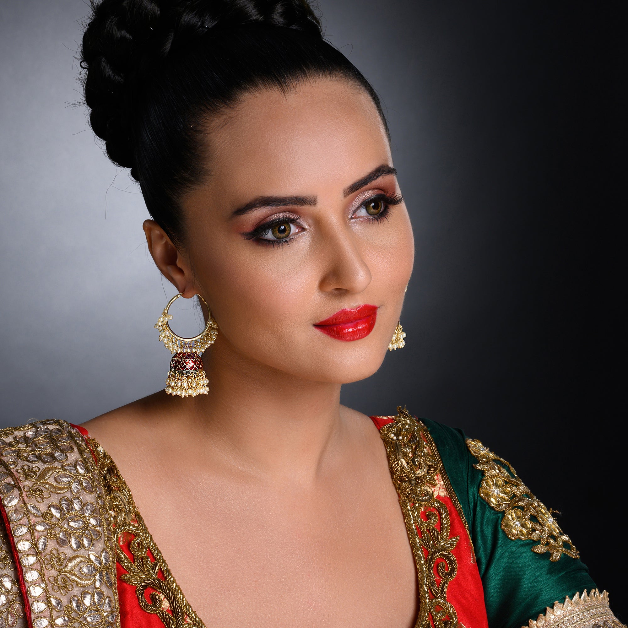 Sukkhi Charming Pearl Gold Plated Meenakari Jhumki Earring  Set Worn By Karisma Kapoor