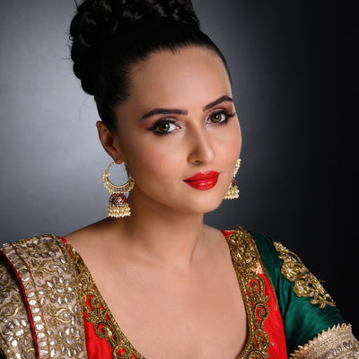 Sukkhi Charming Pearl Gold Plated Meenakari Jhumki Earring  Set Worn By Karisma Kapoor