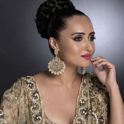 Sukkhi Artistically Kundan Gold Plated Pearl Chandelier Earring Set Worn By Karisma Kapoor