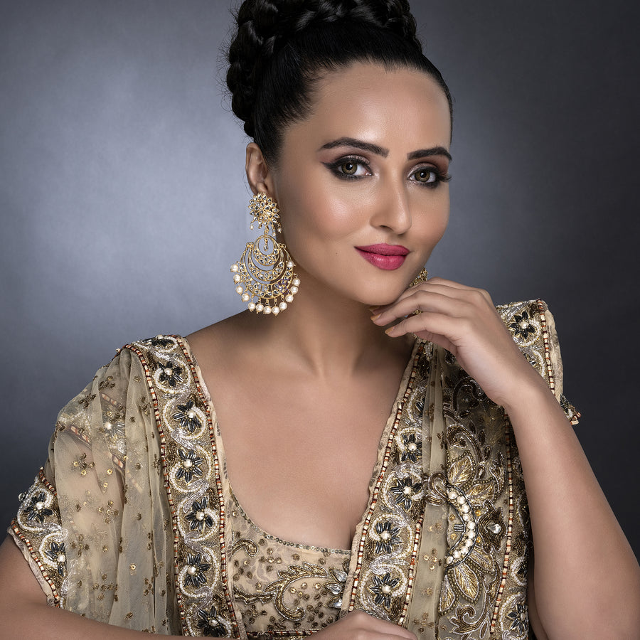 Sukkhi Adorable Kundan Gold Plated Pearl Chandelier Earrring set Worn By Karisma Kapoor (SKR85648)