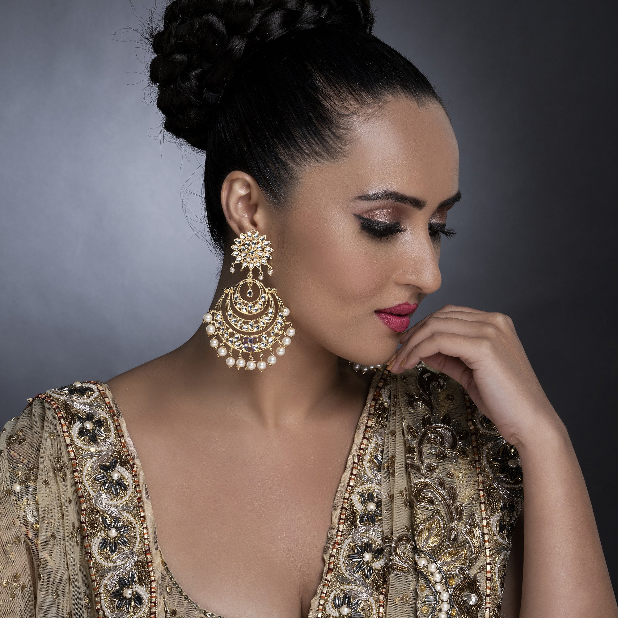 Sukkhi Adorable Kundan Gold Plated Pearl Chandelier Earrring set Worn By Karisma Kapoor (SKR85648)