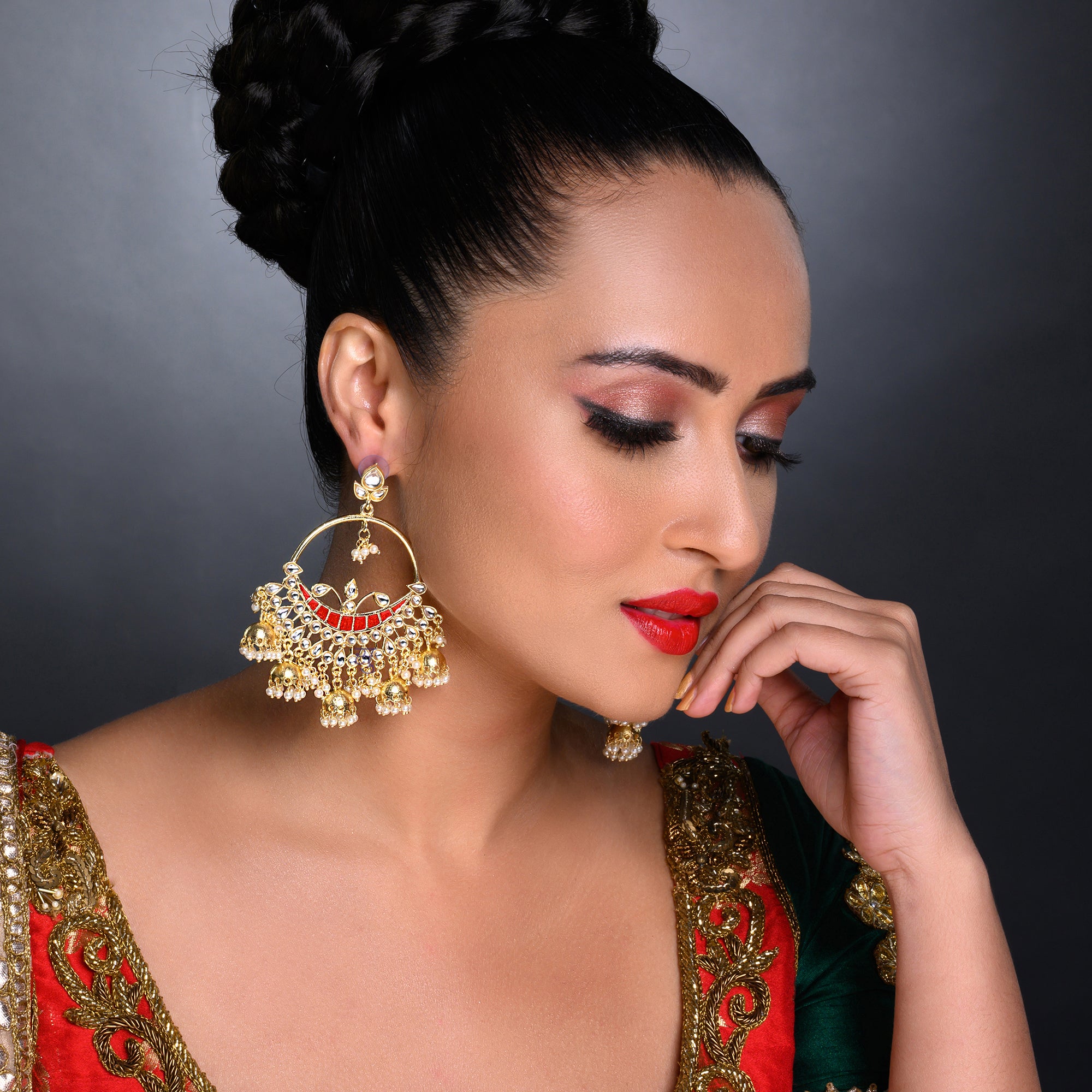 Sukkhi Alluring Kundan Gold Plated Pearl Chandbali Earring Set Worn By Karisma Kapoor