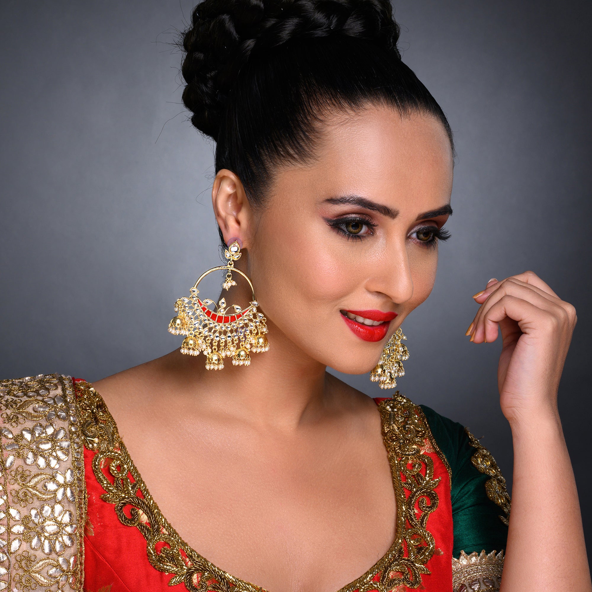 Sukkhi Alluring Kundan Gold Plated Pearl Chandbali Earring Set Worn By Karisma Kapoor