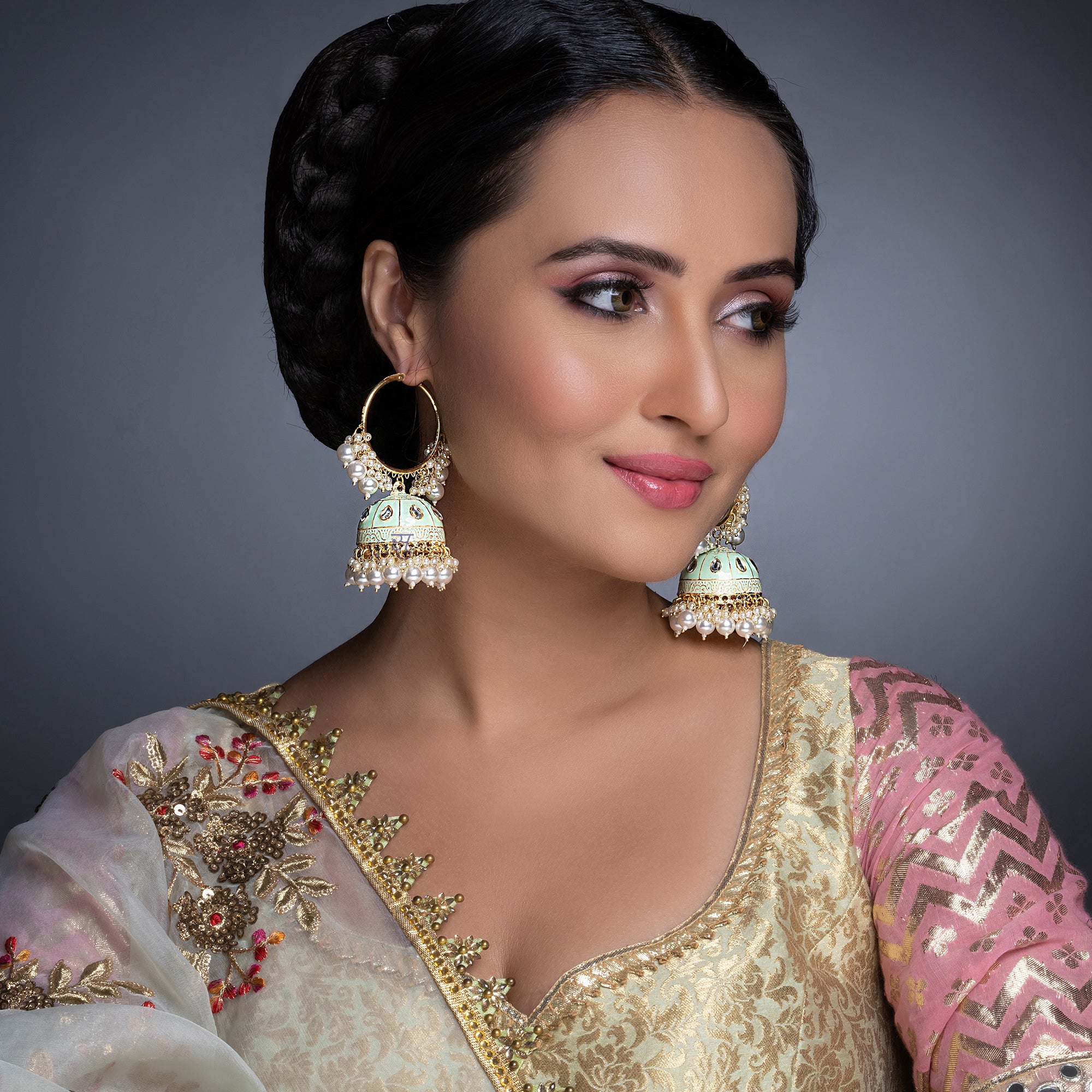 Sukkhi Elegant Pearl Gold Plated Mint Collection Kundan Earring Set Worn By Karisma Kapoor