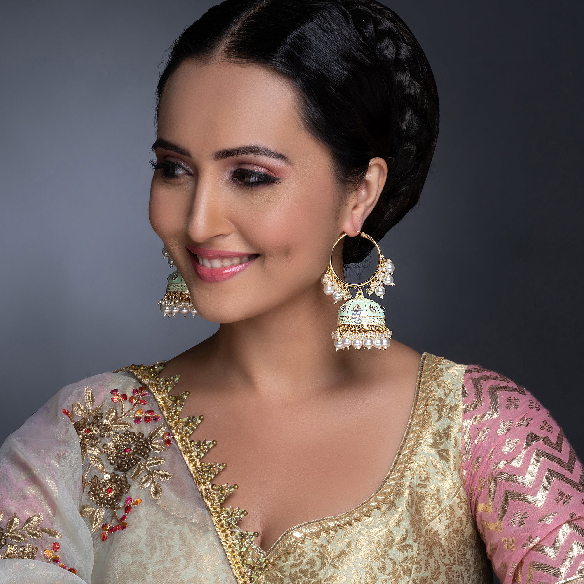 Sukkhi Elegant Pearl Gold Plated Mint Collection Kundan Earring Set Worn By Karisma Kapoor