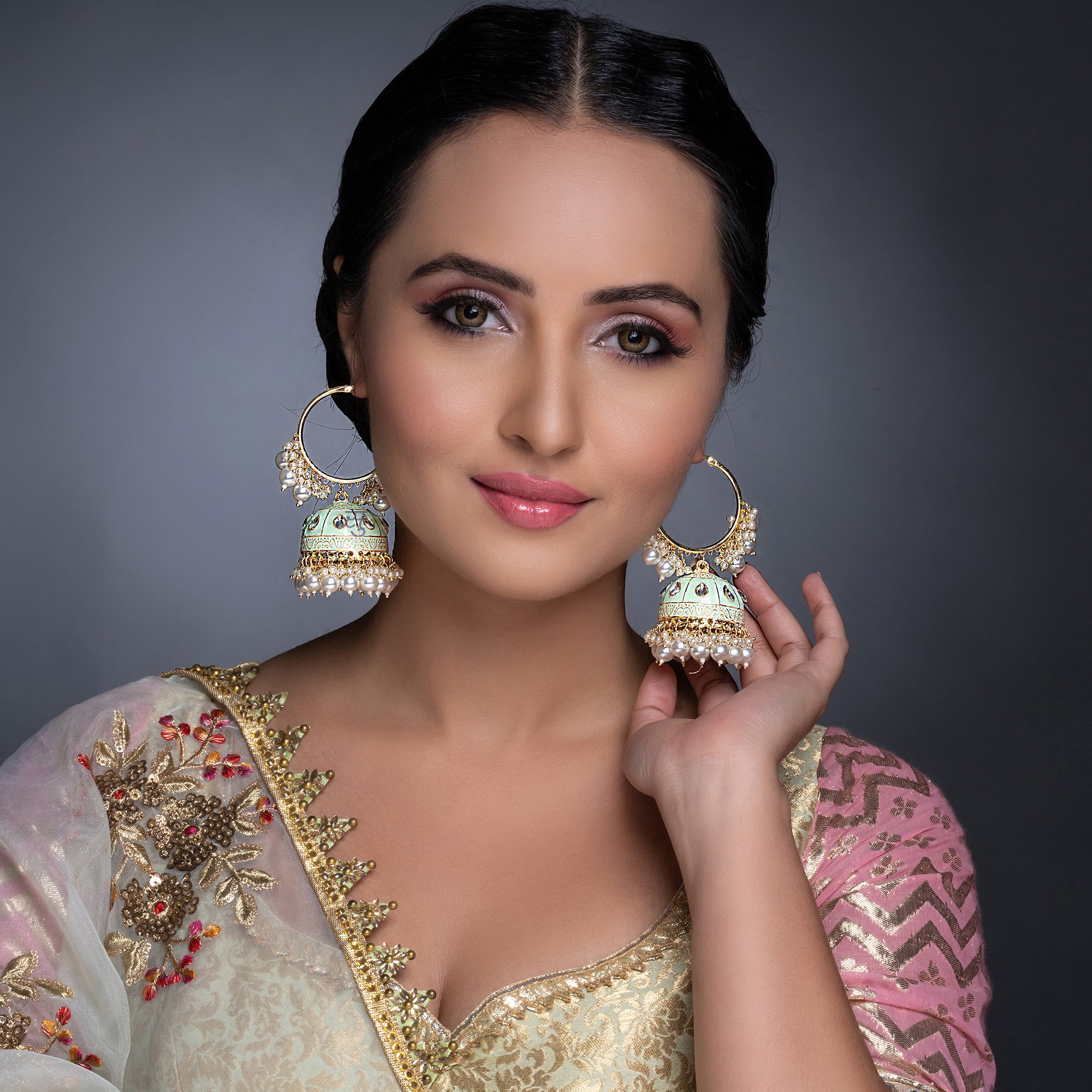 Sukkhi Elegant Pearl Gold Plated Mint Collection Kundan Earring Set Worn By Karisma Kapoor