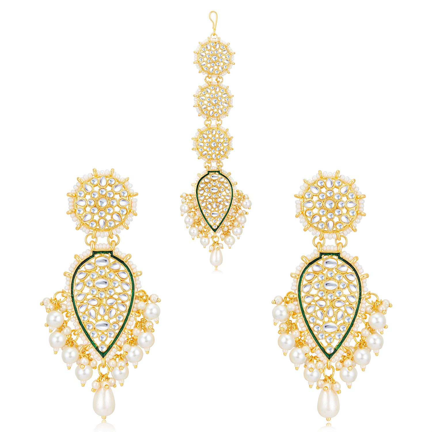 Sukkhi Incredible Kundan Gold Plated Pearl Meenakari Earring Maangtikka Set Worn By Karisma Kapoor