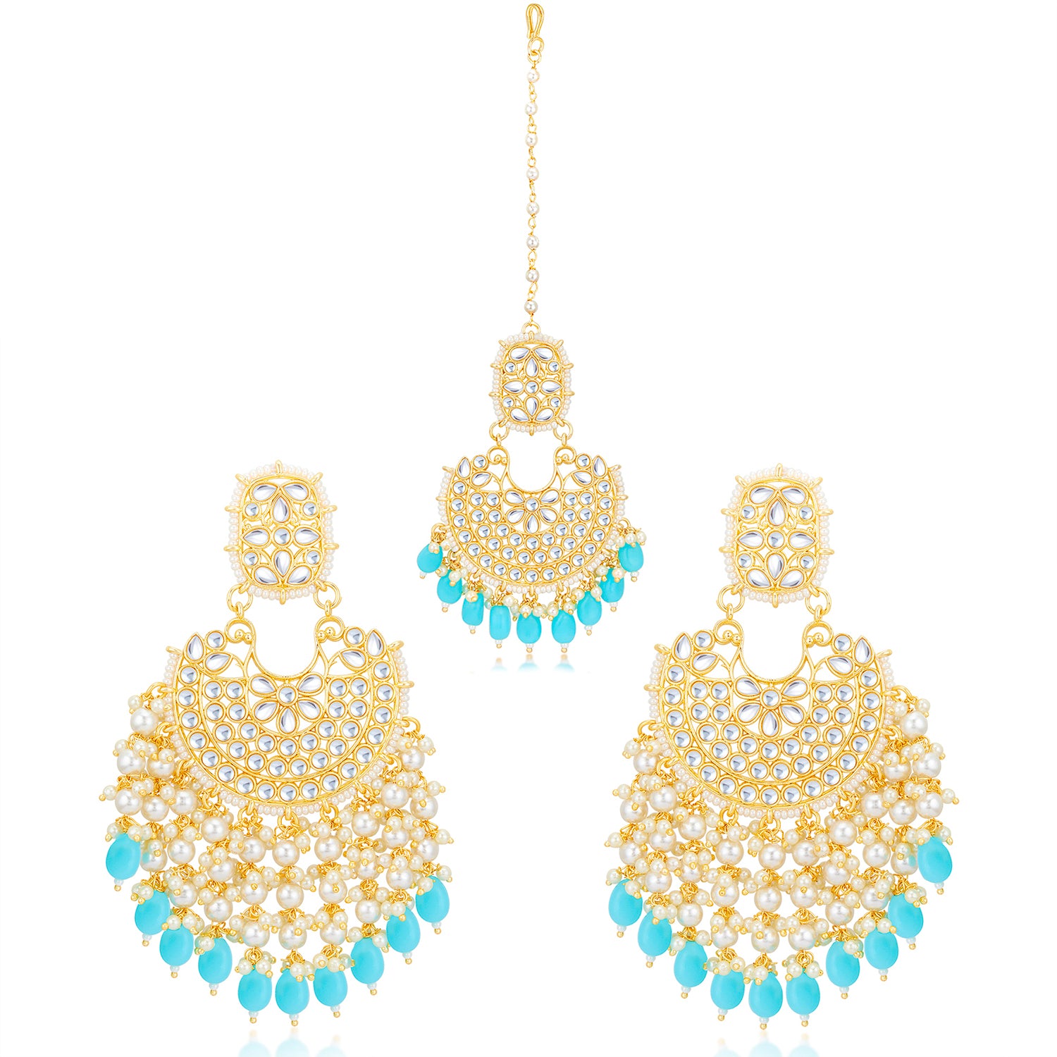 Sukkhi Modish Kundan Gold Plated Pearl Earring Maangtikka Set Worn By Karisma Kapoor