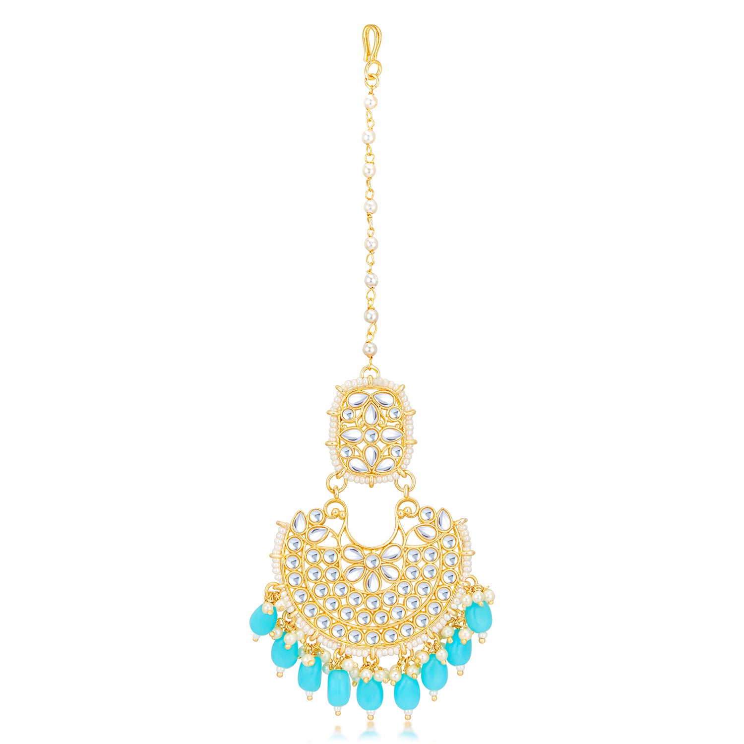 Sukkhi Modish Kundan Gold Plated Pearl Earring Maangtikka Set Worn By Karisma Kapoor