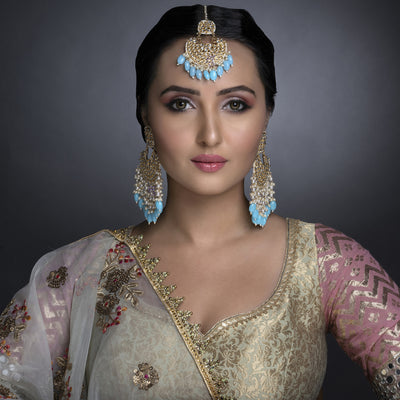Sukkhi Modish Kundan Gold Plated Pearl Earring Maangtikka Set Worn By Karisma Kapoor