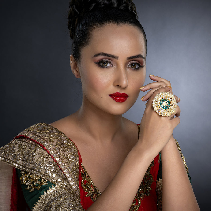 Sukkhi Glitzy Kundan Gold Plated Pearl Ring Worn By Karisma Kapoor