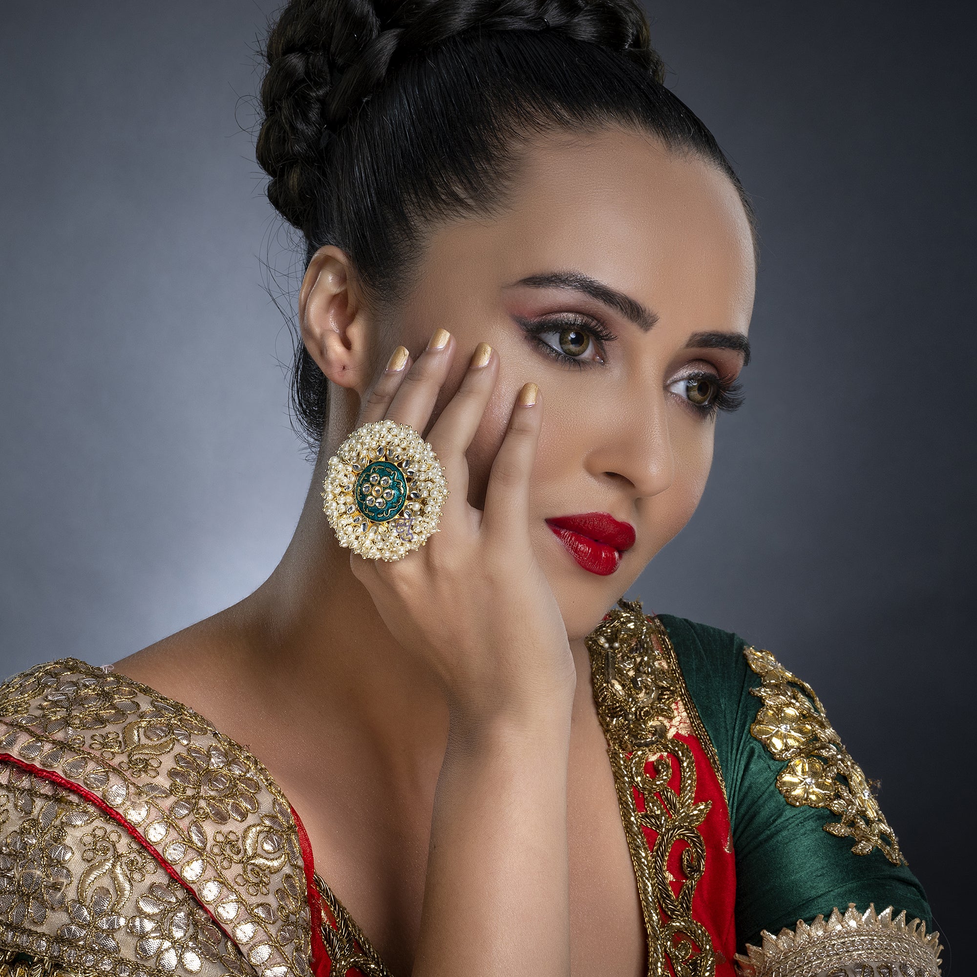 Sukkhi Glitzy Kundan Gold Plated Pearl Ring Worn By Karisma Kapoor