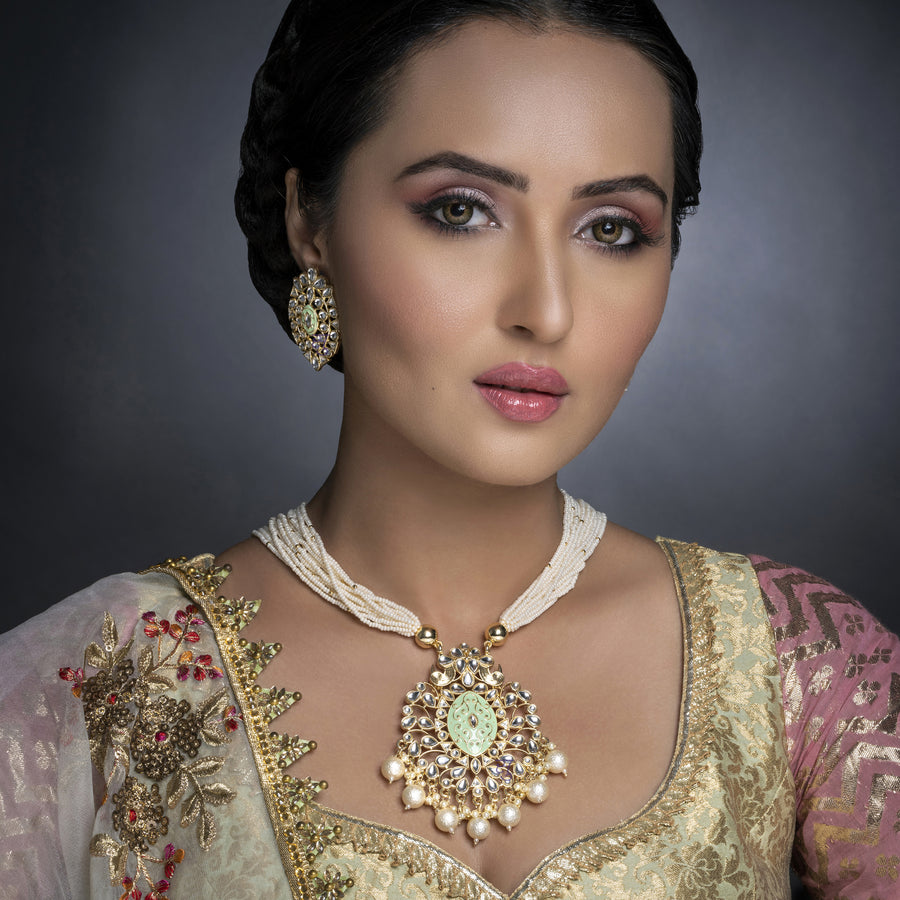 Sukkhi Marvellous Kundan Gold Plated Pearl Mint Necklace Set Worn By Karisma Kapoor
