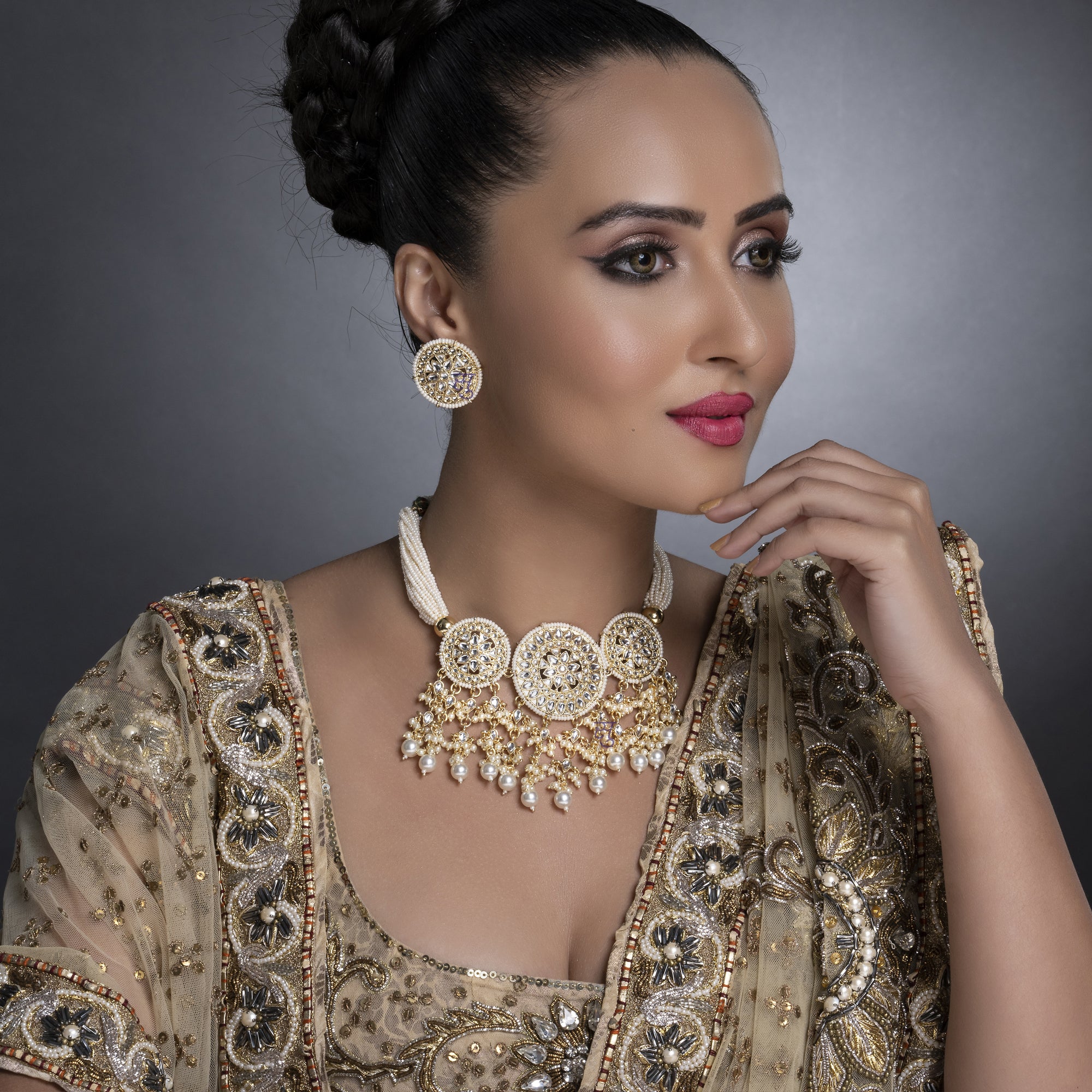 Sukkhi Modern Kundan Gold Plated Pearl Choker Necklace Set Worn By Karisma Kapoor