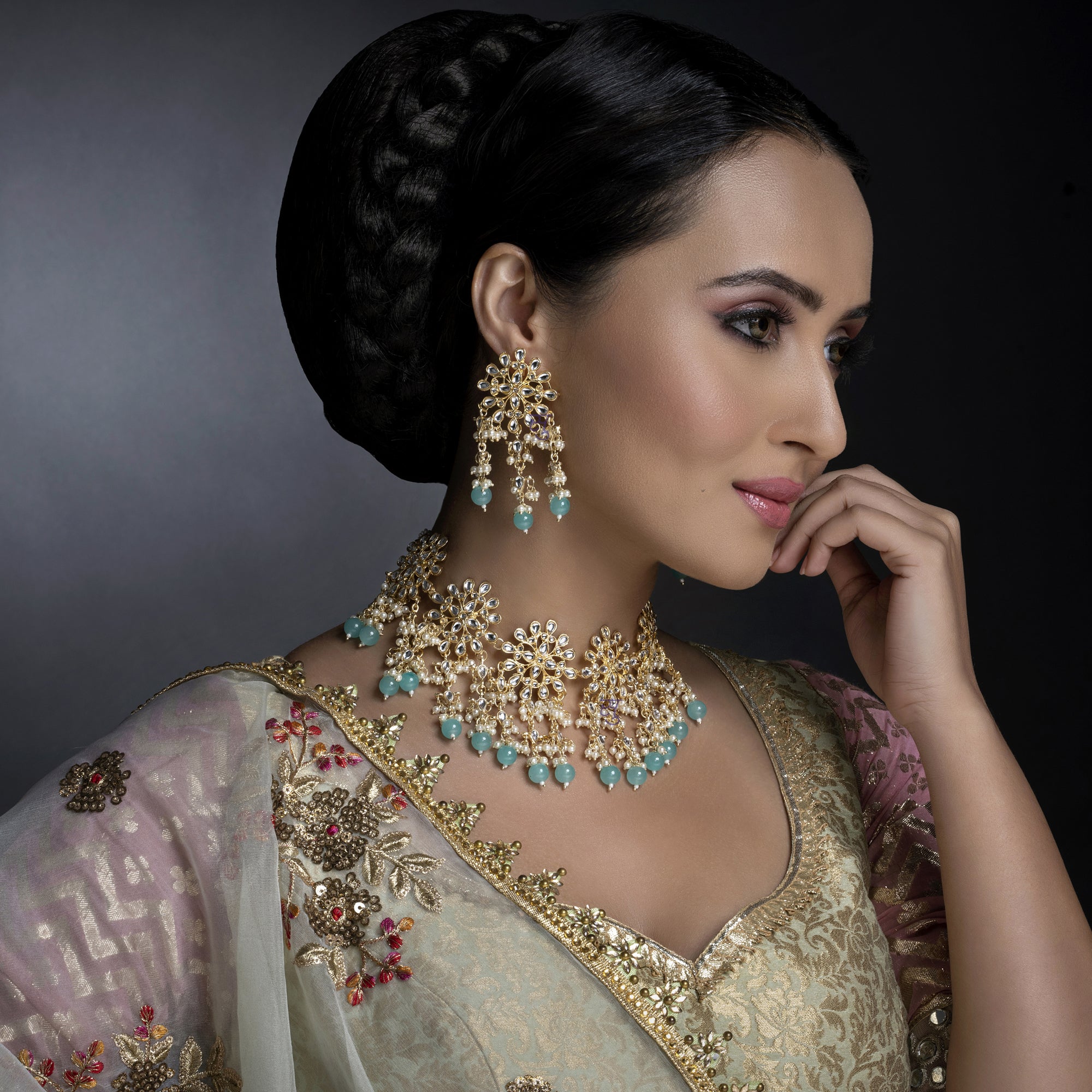 Sukkhi Pleasing Kundan Gold Plated Pearl Choker Necklace Set Worn By Karisma Kapoor