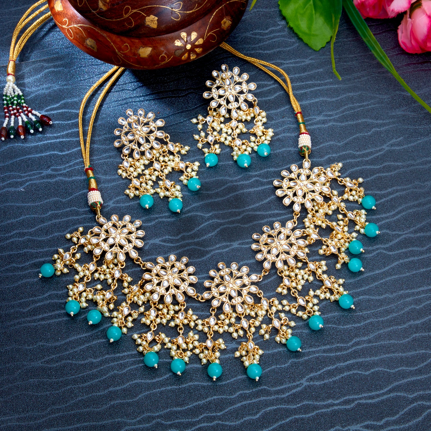 Sukkhi Pleasing Kundan Gold Plated Pearl Choker Necklace Set Worn By Karisma Kapoor