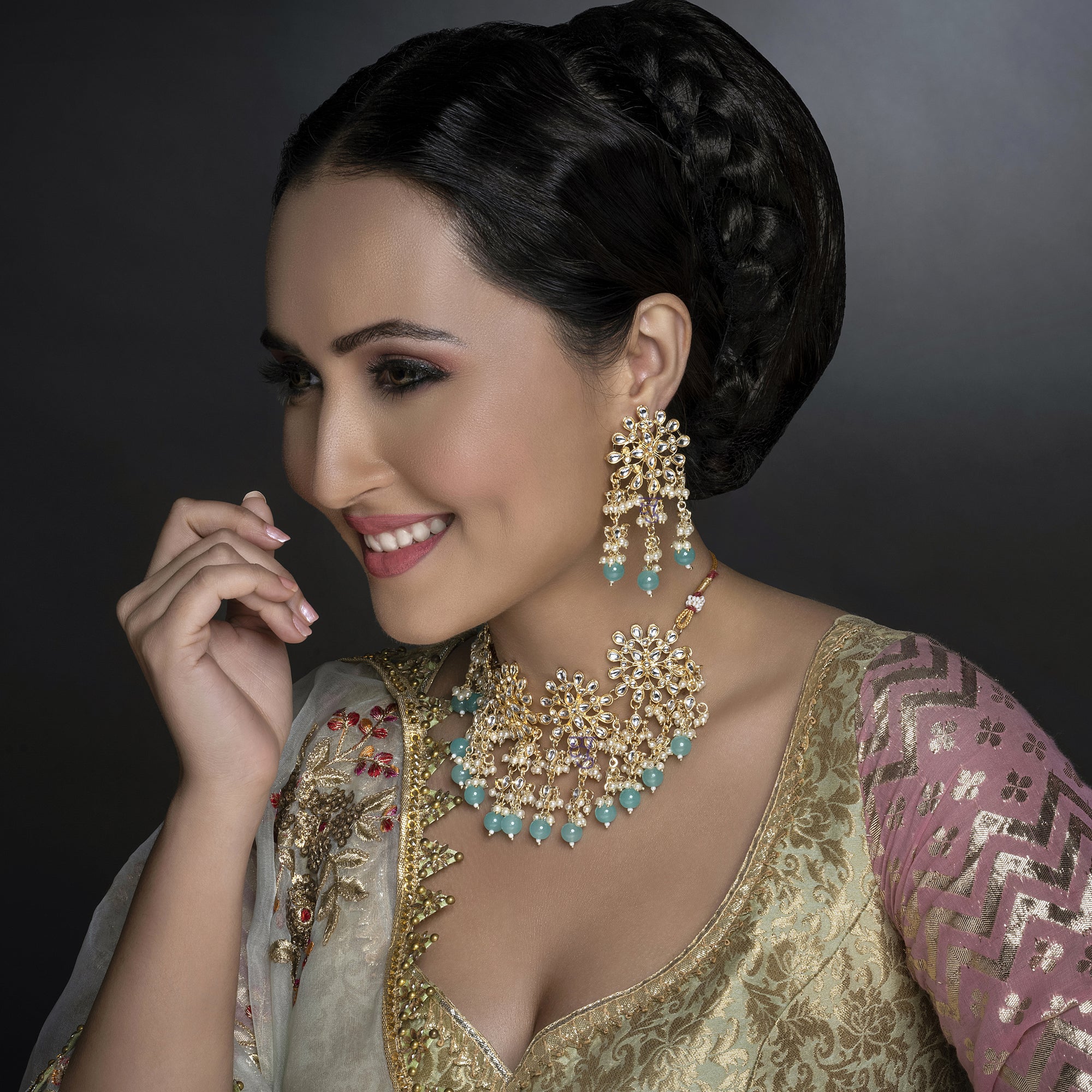 Sukkhi Pleasing Kundan Gold Plated Pearl Choker Necklace Set Worn By Karisma Kapoor